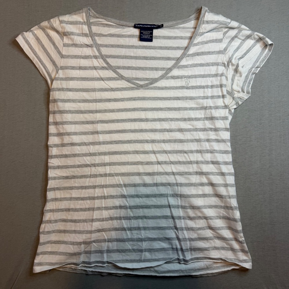 Ralph Lauren Sport Womens XL Grey White Striped V-Neck T-Shirt Short Sleeve Pony
